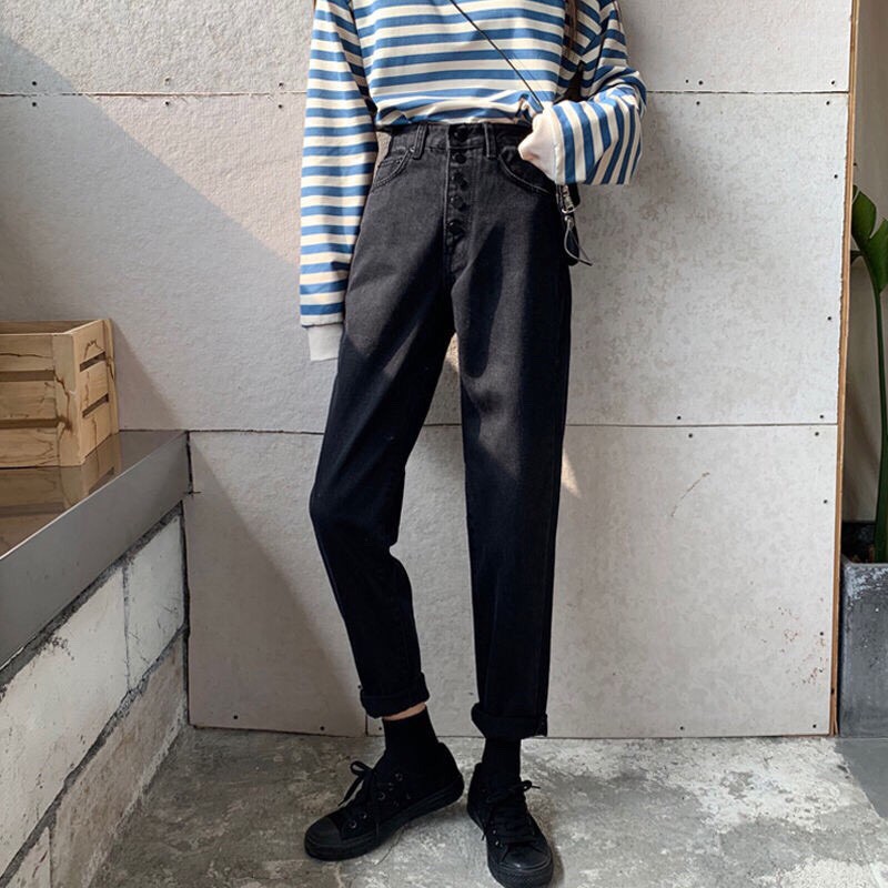 MQ Fashion - Quần baggy Nữ phối hàng nút tinh tế, form ống rộng, wash đen trơn, PC năng động - Hot trend 2021 | BigBuy360 - bigbuy360.vn