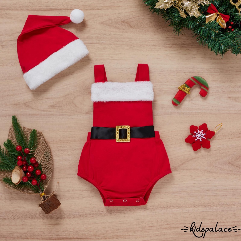 Set 2 món áo liền quần không tay và mũ phong cách ông già noel đáng yêu cho bé gái