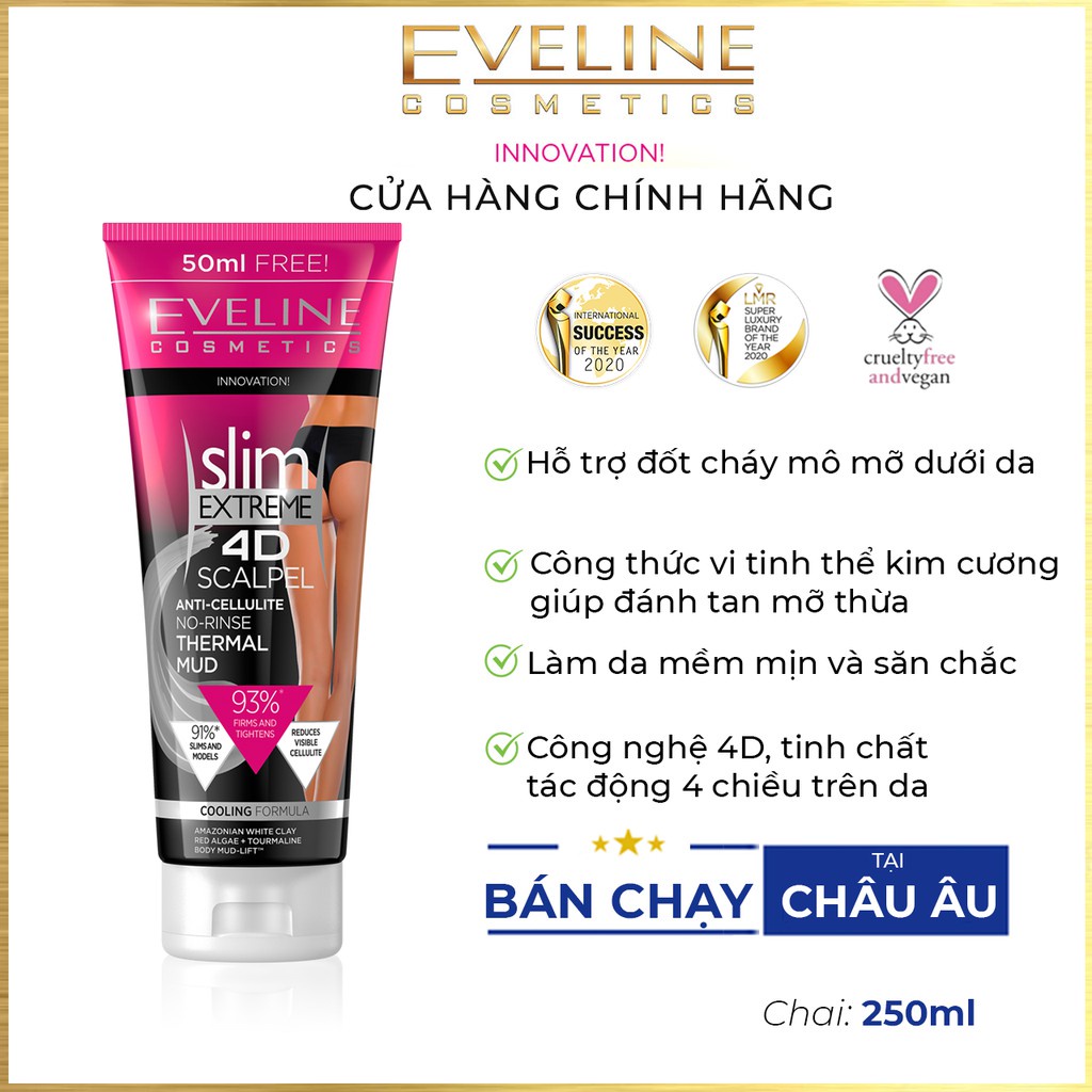 Gel Tan Mỡ Slim Extreme 4D EVELINE Lạnh, Không Nhờn, Kích Thích Đốt Cháy Mỡ Tuýp 250ml