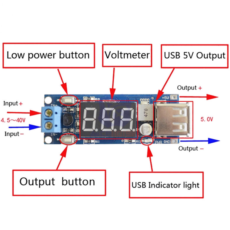 Mô đun giảm điện áp 4.5-40v xuống 5v 2a có cổng USB màn hình và đèn led