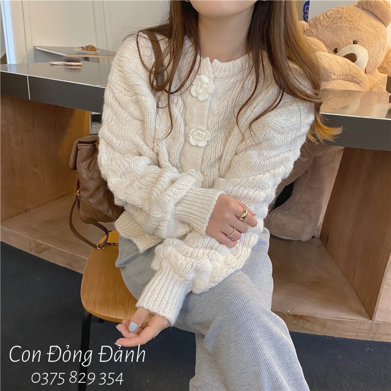 [ORDER] Áo len cúc hoa cổ tròn tay bồng nhẹ xinh Hàn Quốc móc thủ công sợi thưa Quảng Châu AO020 | BigBuy360 - bigbuy360.vn