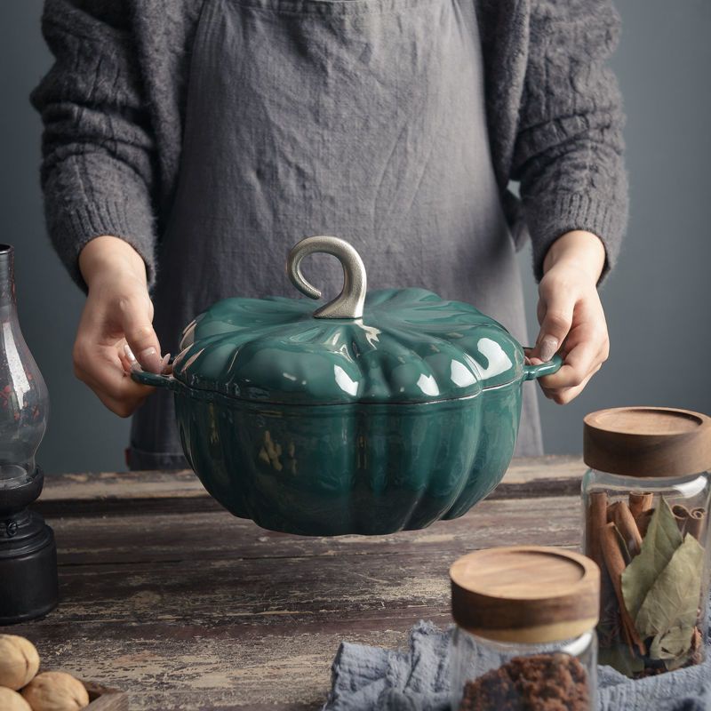 (Sẵn) Nồi gang tráng men bí ngô Happiness Kitchen chính hãng tặng gang tay xịn