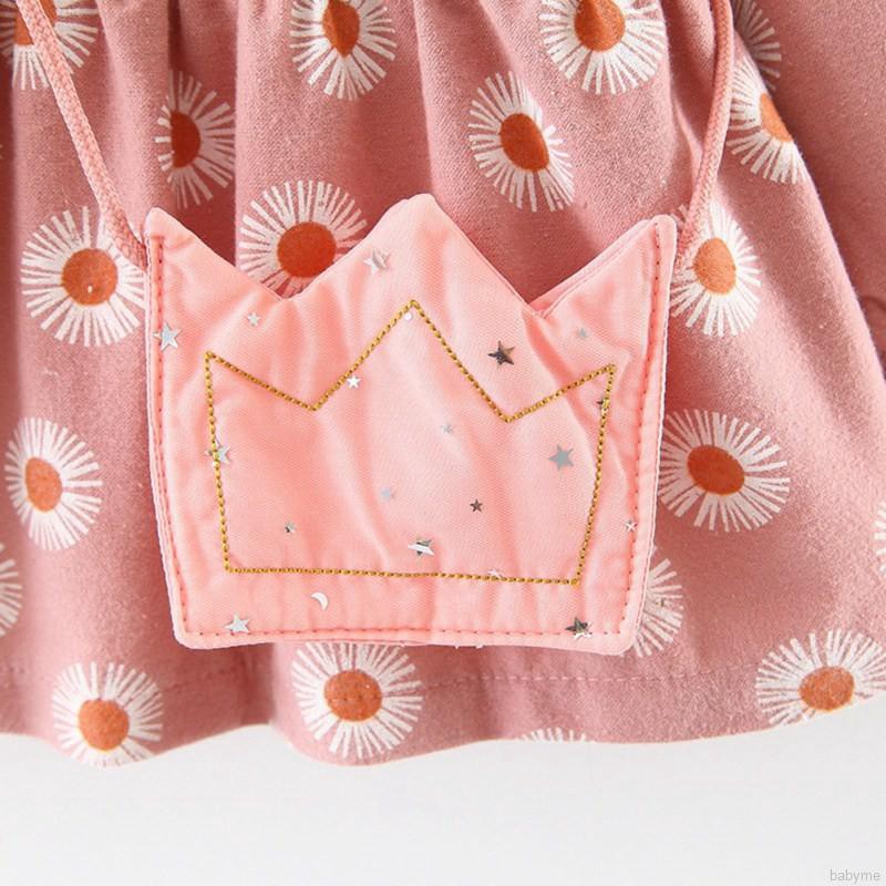 Set đầm dài tay cổ tròn + túi đeo chéo in hoa đáng yêu cho bé gái