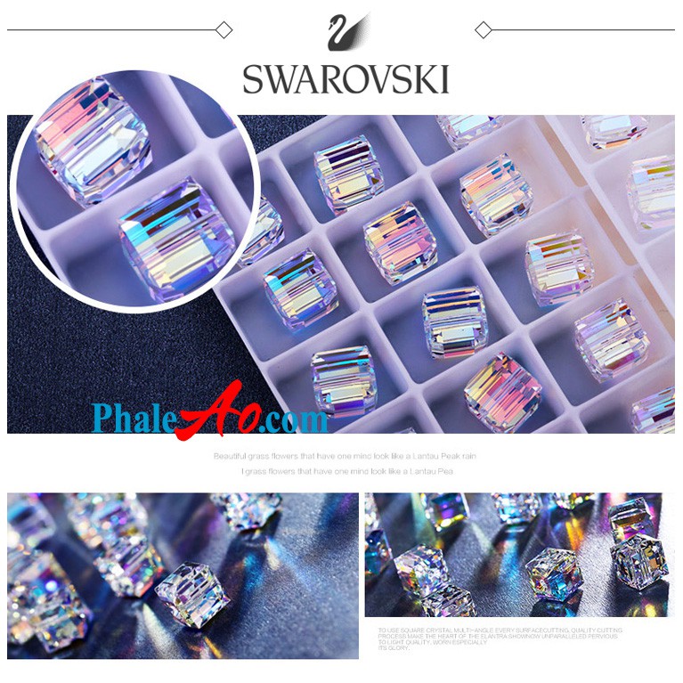 Pha lê SWAROVSKI (Áo) - 5 hạt vuông 4, 6, 8, 10, 12 ly 5601 crystal 001AB cube, tặng dây xỏ, PhaleAo