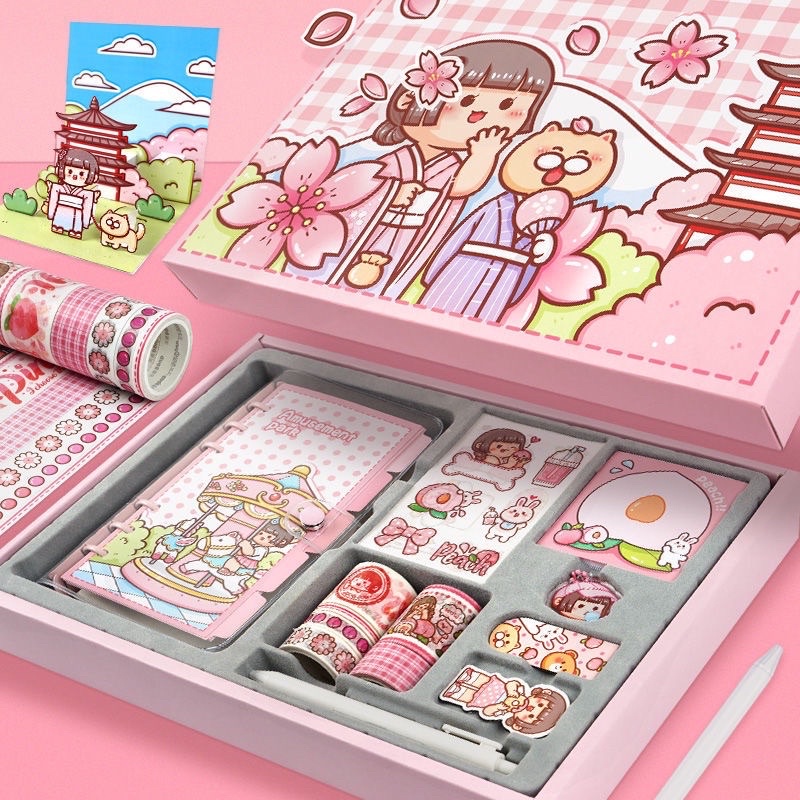 Set hộp quà tặng có sổ tay và cuộn băng keo washi dễ thương + sticker + móc khoá + bookmark