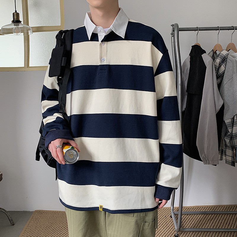 Áo sweater dài tay họa tiết kẻ sọc phối cổ POLO phong cách hoang dã mới dành cho nam thun unisex