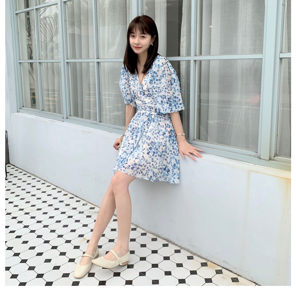 Bitan Dress - Đầm hoa xanh nút bọc