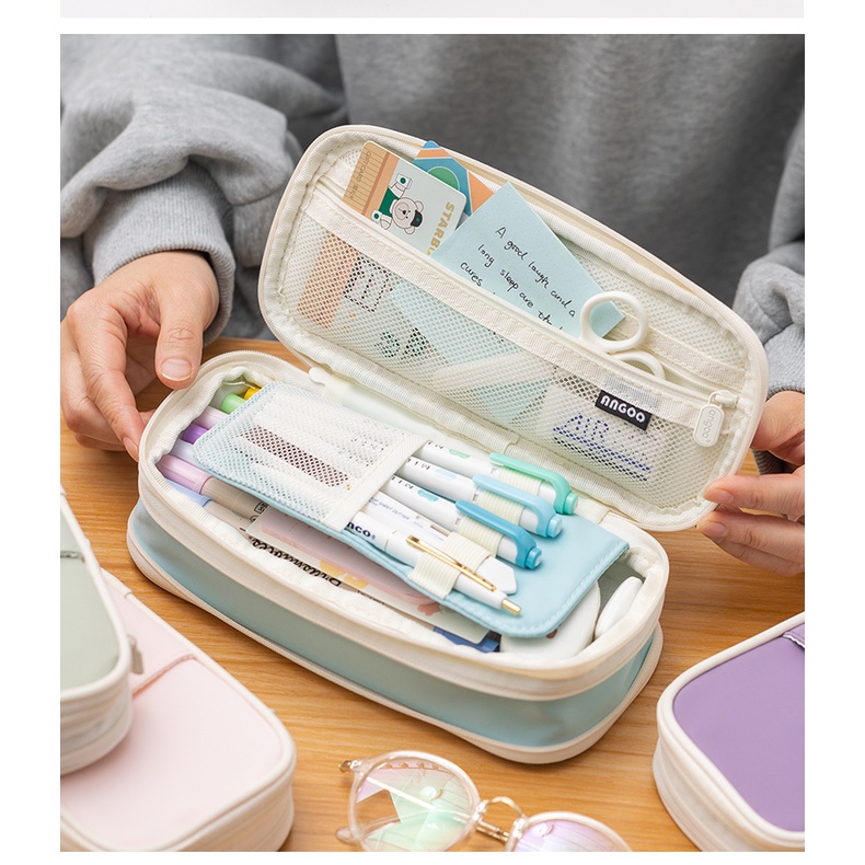 Hộp bút vải canvas Angoo túi bút double pen case bóp viết nhiều ngăn đa năng 5 màu dung tích lớn đựng 50 bút