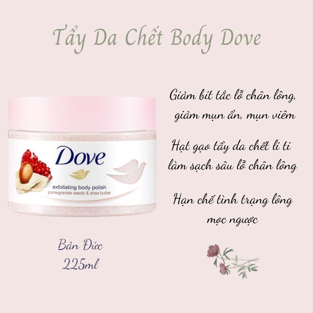 Tẩy da chết toàn thân DOVE bản ĐỨC hũ lớn 225ml Hương LỰU ĐỎ và Hương MACCA, tẩy da chết body | Nuhuwaxing