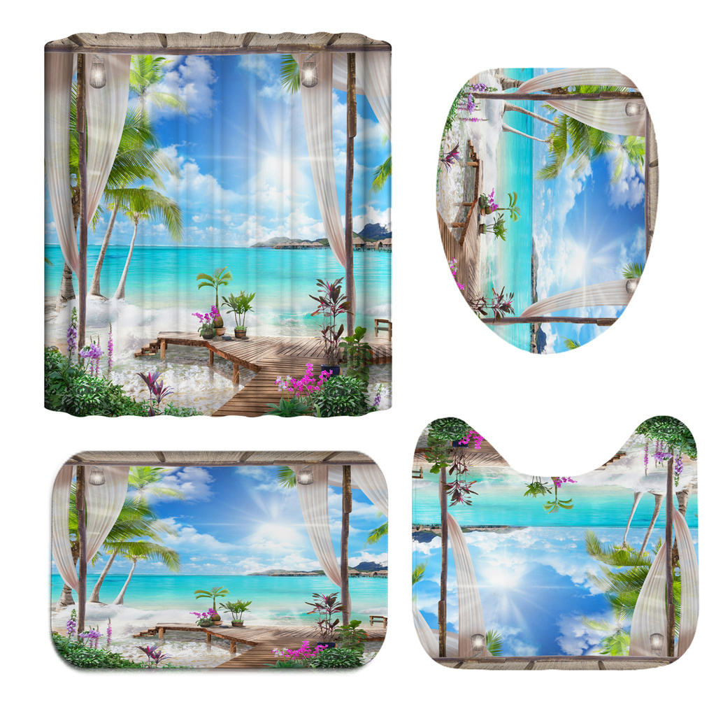 Landscape Shower Curtain Sets with Non-Slip Rugs Toilet Lid Cover Bath Mat Waterproof Curtain