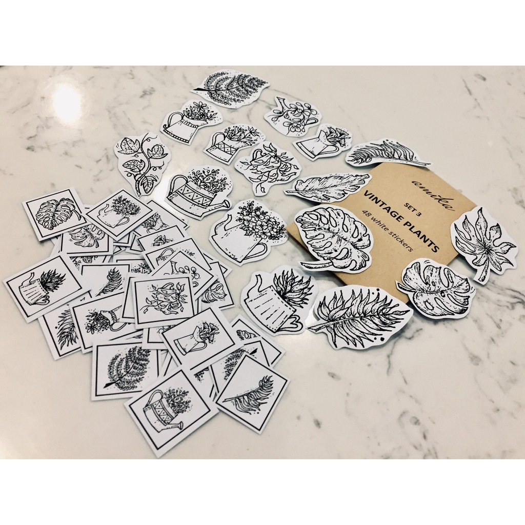 SET 3: 48 stickers họa tiết bình hoa, cành lá vintage