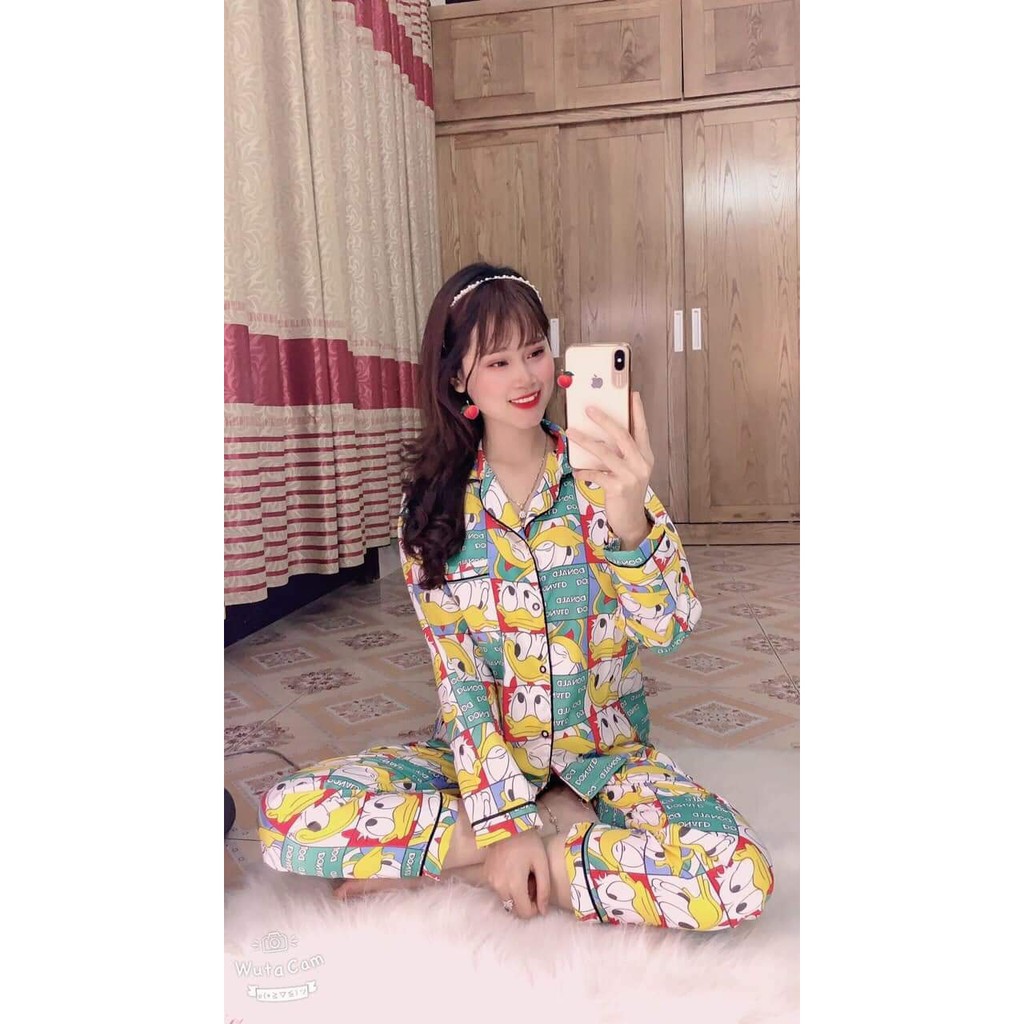 Bộ ngủ pijama lụa kate thái áo dài quần dài bộ mặc nhà Hanz.vn mềm mại dễ thương H 1 Vịt vàng