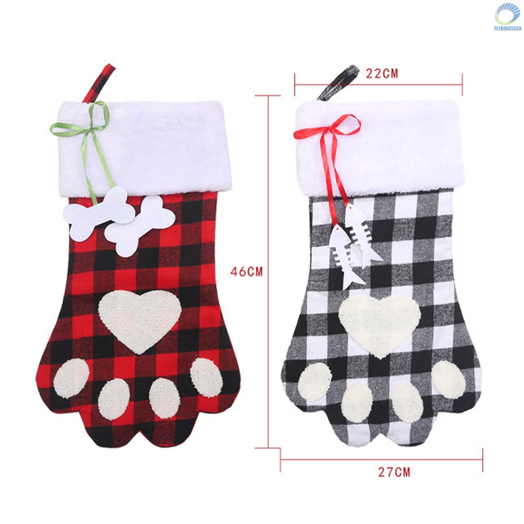 【FLY】Christmas Stockings Red and Black Plaid Dog Paw Stocking Hanging Christmas Tree Gift Bag Candy Bag Christmas Tree Decoration Accessories