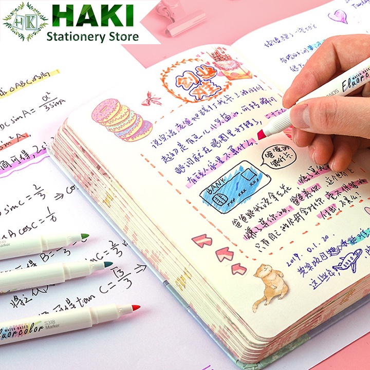 Bút highlight pastel dạ quang 2 đầu HAKI, bút đánh dấu nhớ dòng marker bullet journal nhiều màu B56