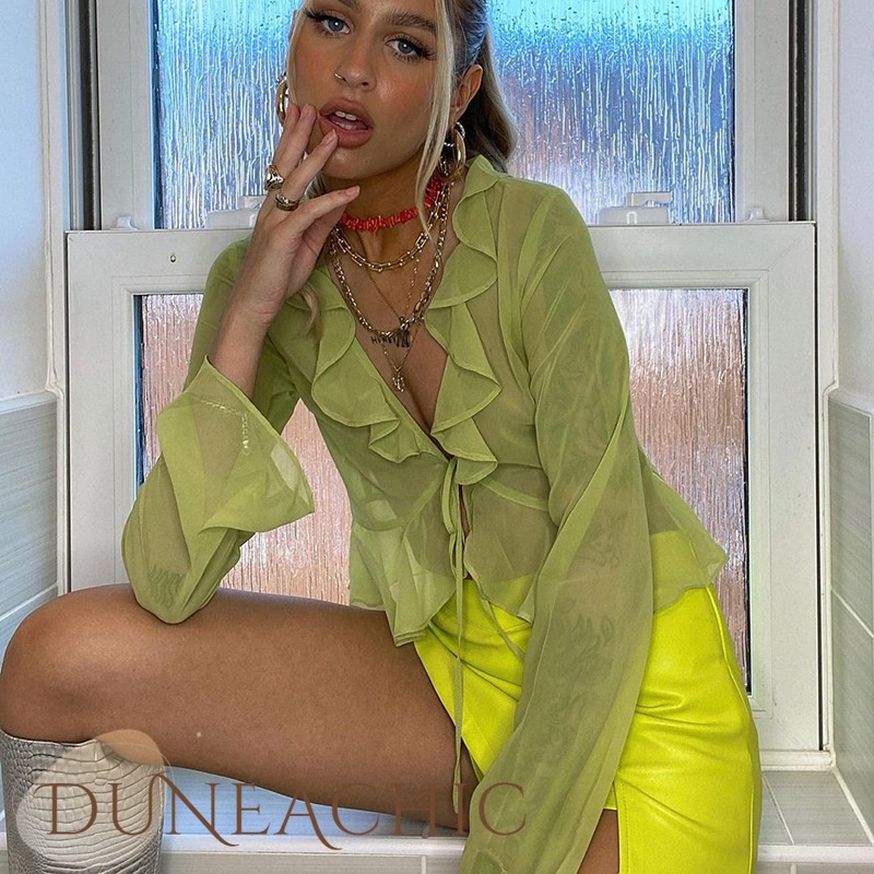 DUNEA Áo Kiểu Tay Dài Cổ Chữ V Thắt Nơ Thời Trang Cho Nữ