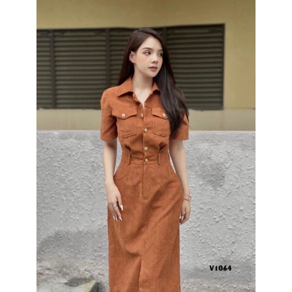 Váy sơ mi nhung tăm dáng dài xẻ trước chun sau sang trọng