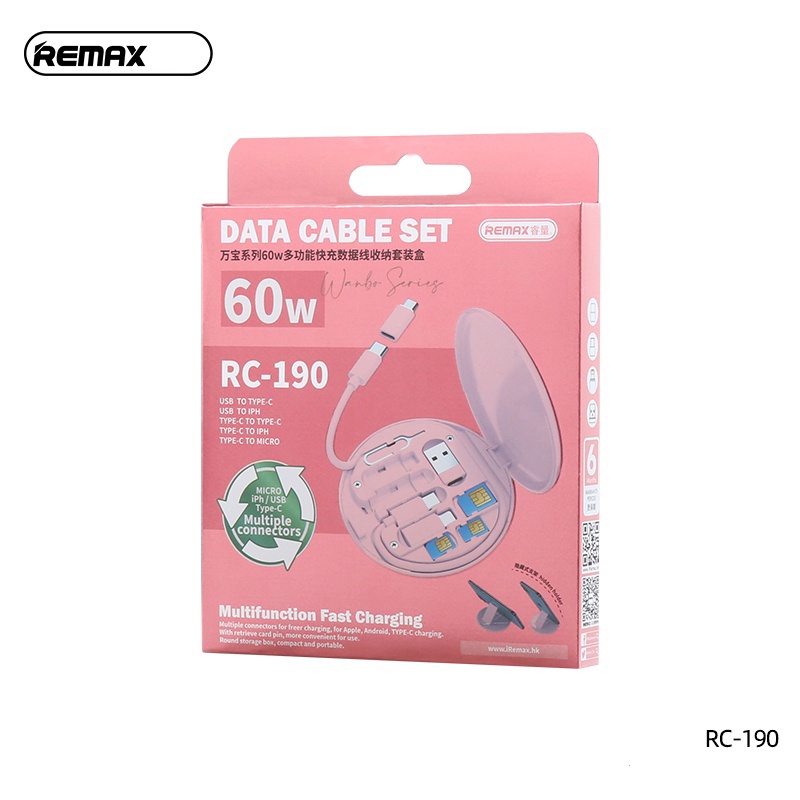 Cáp Sạc Đa Năng Remax RC-190 3 Cổng Sạc Thích Hợp Với Nhiều Dòng Điện Thoại Truyền Dữ Liệu 450Mbs Có Hộp Đựng Tiện Lợi