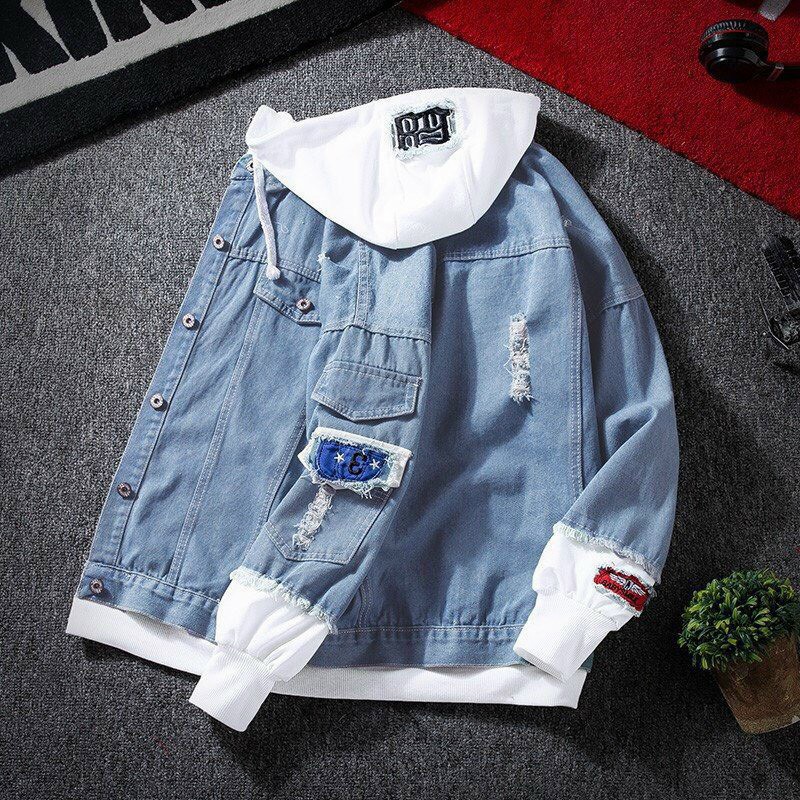 [SIÊU SALE] Áo khoác jean nam nữ unisex tay nỉ có mũ nỉ phối rách chất bò cao cấp phong cách thời trang trẻ màu đen