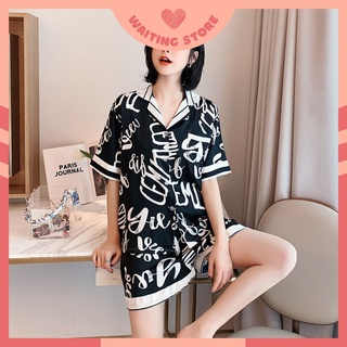 Pijama nữ - bộ cộc mặc nhà mặc ngủ vải lụa cao cấp in họa tiết chữ cclp12