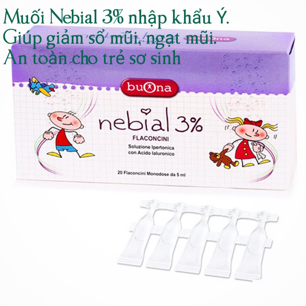 Muối ưu trương Nebial 3% flaconcini. Giúp giảm sổ mũi , ngạt mũi, an toàn cho trẻ sơ sinh ống 5ml (nhập khẩu Ý- Buona)