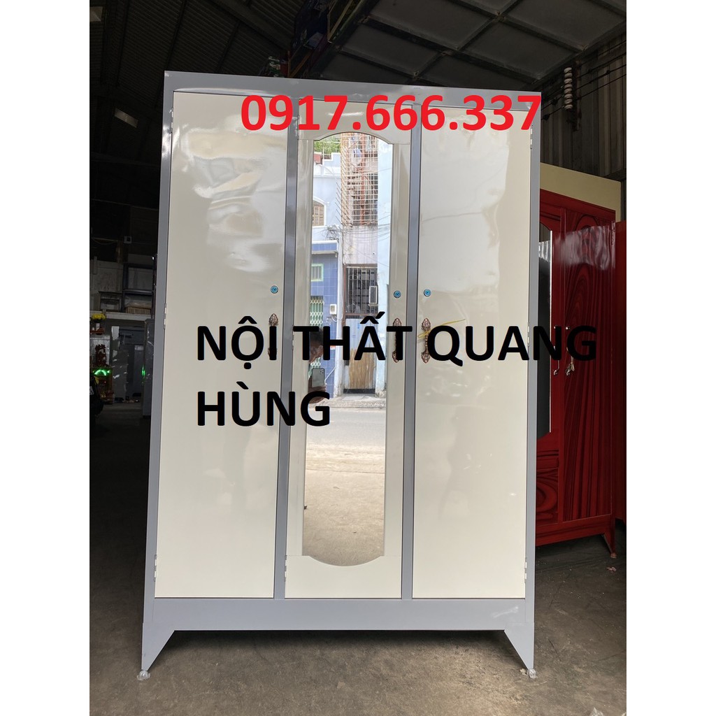 Tủ sắt sơn dầu 3 cánh đựng quần áo màu xám giá rẻ - giao hàng miễn phí