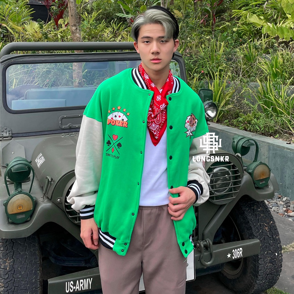 _ Áo khoác Varsity Green họa tiết Longsnkr chất nỉ giữ nhiệt và thoáng - Bomber /Vars