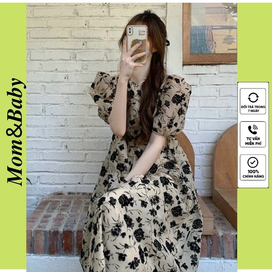 Váy Bầu Hoa Nhí Tay Bồng Dáng Suông Xòe M583 Mom and Baby Đầm Bầu Hè Cộc Tay Công Sở Đi Chơi Đi Làm