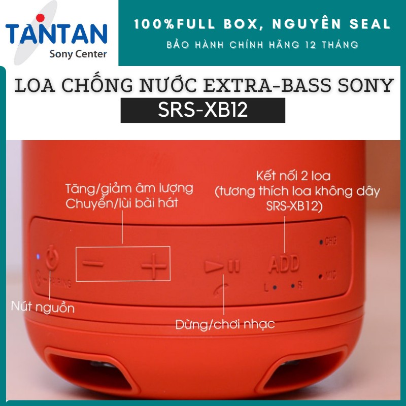 Loa BLUETOOTH EXTRA-BASS Sony SRS-XB12 | Chuẩn Kháng nước, bụi IP67 - Pin: 16h - Kết nối cùng lúc 2 loa - Cắm dây - 339g