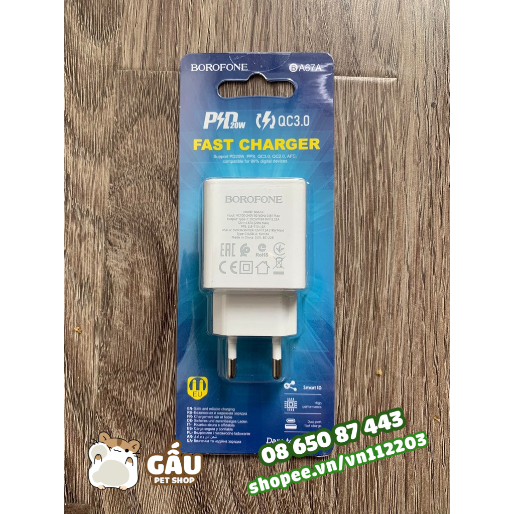 Củ sạc nhanh BOROFONE A67A dòng PD 20W / QC3.0