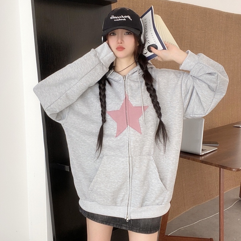 ZHELIHANGFEI Áo Khoác Hoodie Tay Dài Có Khóa Kéo Đôi Phong Cách Preppy Mỹ