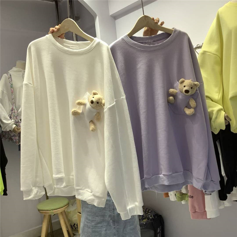 Áo Sweater Nữ Cổ Tròn In Hình Gấu Phối Túi Dễ Thương Xinh Xắn 6535