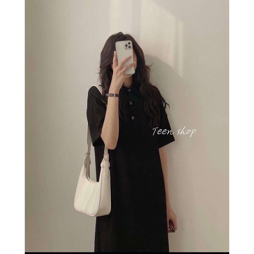 Váy Polo Cúc Đồng   🌸 Đầm dáng suông màu đen trơn, thun tay lỡ bánh bèo cá tính Ulzzang 🌸