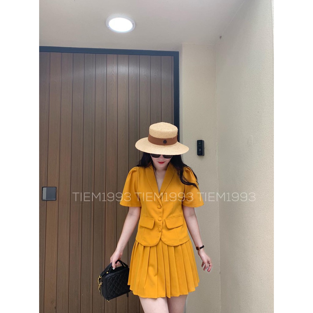(ẢNH THẬT) Set sơ mi vest vàng mix chân váy xếp ly - Mã T077