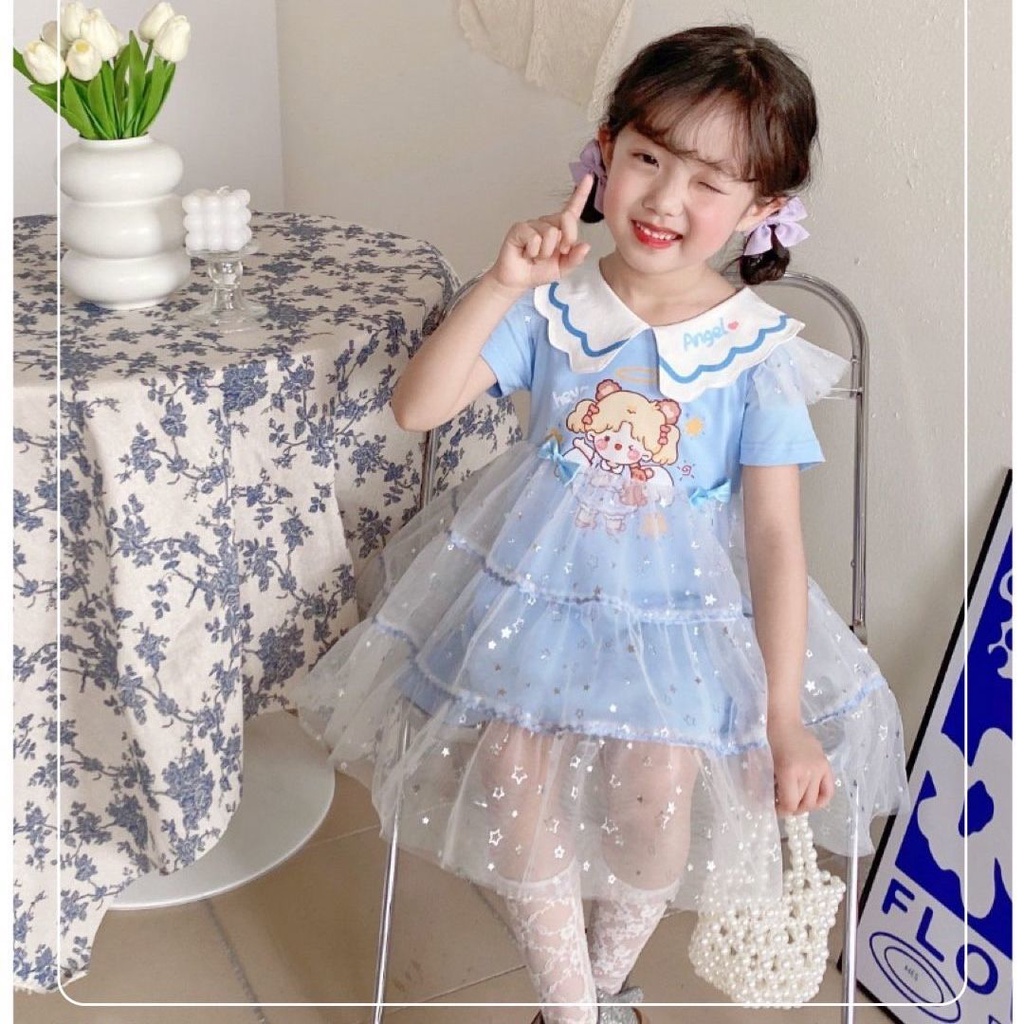 Đầm Công Chúa Tay Ngắn Phối Lưới In Hoạt Hình Kiểu Hàn Quốc Thời Trang Mùa Hè Cho Bé Gái