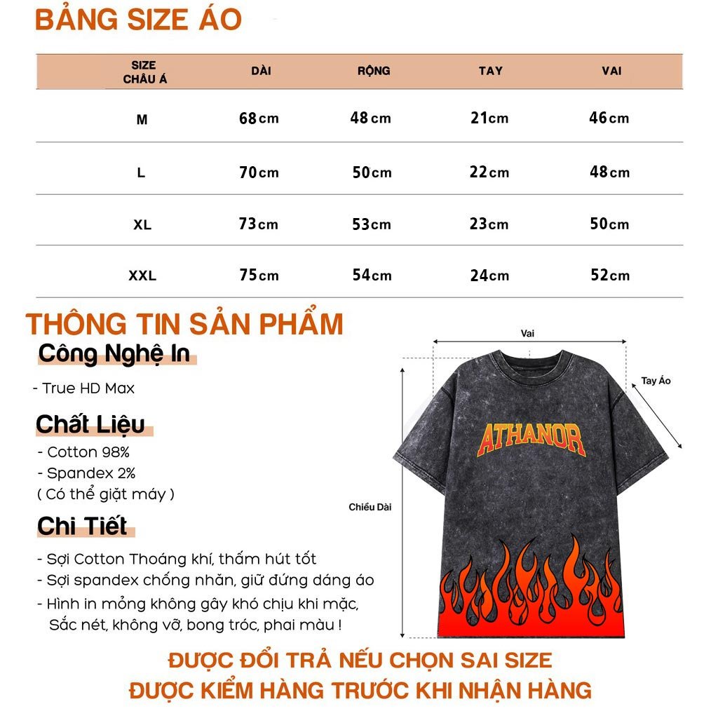 Áo thun wash tay lỡ ATHANOR 100% chất cotton dáng rộng form unisex mẫu RED FIRE
