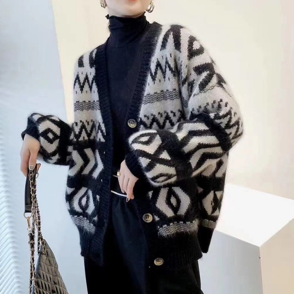 Áo Cardigan Giả Lông Chồn Mẫu Mới Áo Khoác Sọc Mặc Ngoài Rộng Rãi