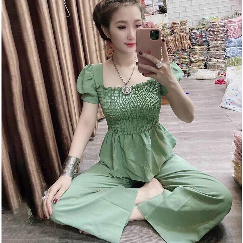 Sét Đồ Bộ Thời Trang Nữ Thiết Kế Sang Chảnh Áo Tay Phồng Cổ Vuông Chạy Chun Trước Ngực Co Dãn Tốt & Quần Dài Ống Rộng