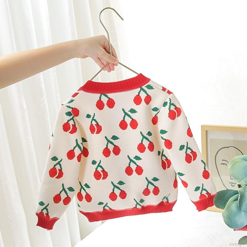 Áo khoác len cổ tròn họa tiết quả cherry phong cách Hàn Quốc cho bé gái 9 tháng-4 tuổi