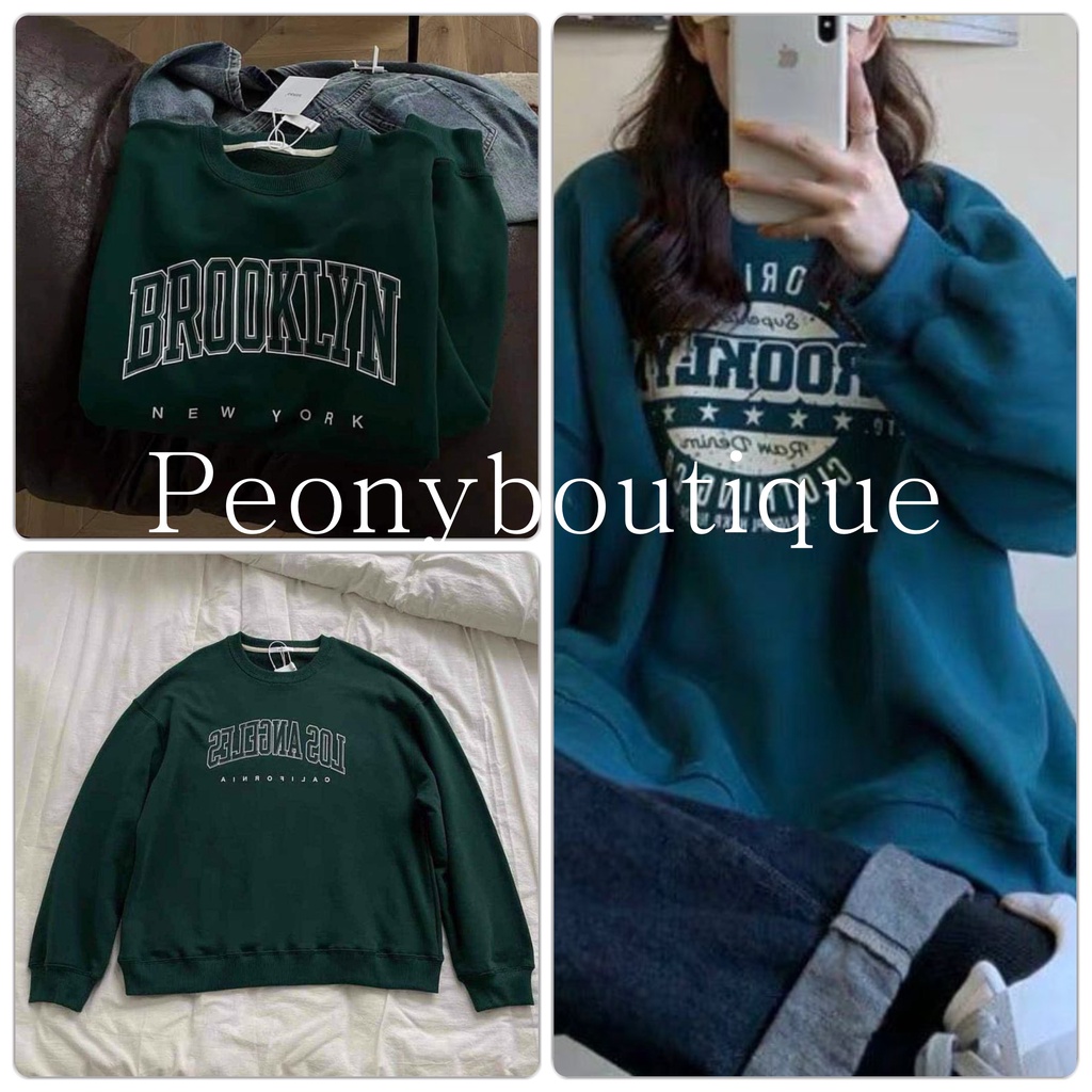 Áo Nỉ Brooklyn PEONYB Nữ [FREESHIP]  Sweater form rộng tay bồng, thun dài tay oversize màu xanh rêu cá tính Ulzzang