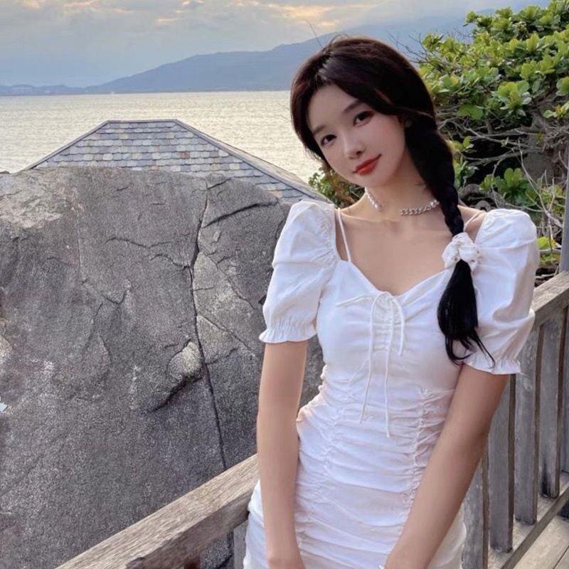 Brroa Đầm Ngắn Mini Ôm Dáng Tay Phồng Cổ Vuông Có Gân Co Giãn Dành Cho Nữ Dự Tiệc