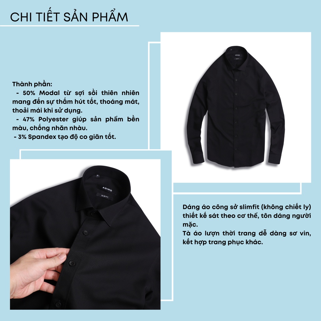 Áo sơ mi đen nam ADINO vải sợi sồi modal polyester mềm mịn co giãn thoáng mát dáng công sở slimfit hơi ôm trẻ trung SM14