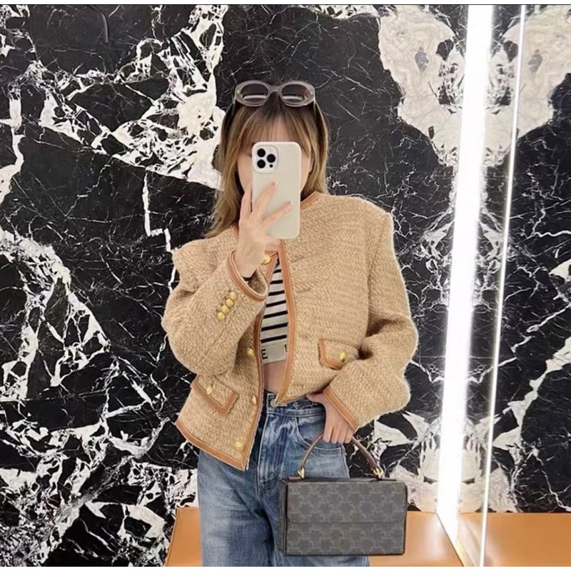 Áo Dạ Tweed Phối Viền Da Màu Nâu Tây Siêu Xinh Phong Cách Sang Chảnh_ Hàng Order QCCC