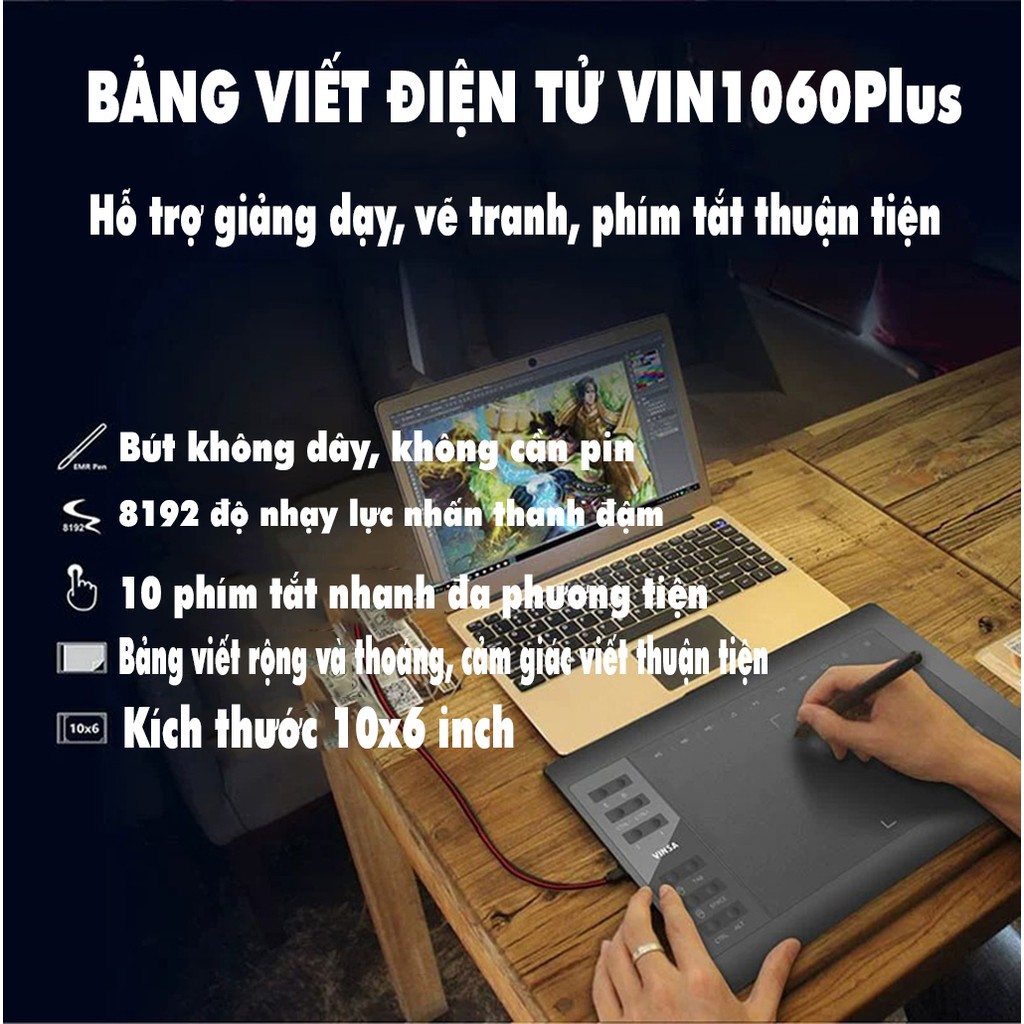 Bút bảng điện tử VINSA 1060Plus - Tích hợp driver, bút viết không cần thay pin - Hỗ trợ cài đặt