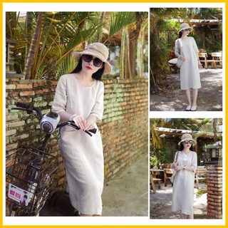 Đầm linen dáng suông kem muối tiêu cổ tròn tay lỡ túi hàm ếch chất linen bột thoáng mát thấm hút mồ hôi