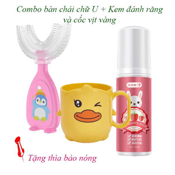 Combo bàn chải đánh răng chữ u cho bé + kèm đánh răng tạo bọt + cốc vịt vàng cho bé