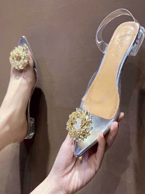 Sandal cao gót trong suốt đính bông hoa đá BIG SIZE 34-43