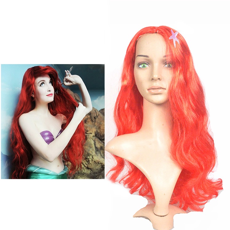 Tóc Giả Hóa Trang Công Chúa Tiên Cá Disney Màu Đỏ Tự Nhiên