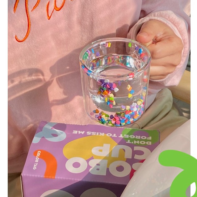 Ly, Cốc Thủy Tinh Hai Lớp Đáy Có Hạt Màu Heart Shaker Sprinkle