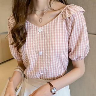 Áo kiểu tay phồng phối bèo hoạ tiết sọc ca-rô thiết kế cổ chữ V nữ tính