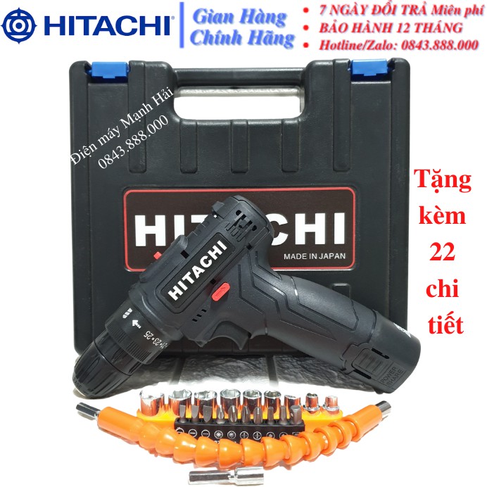 Máy khoan tay bắt vít HITACHI pin 12V 2 pin, Máy khoan pin 12v Tặng kèm phụ kiện